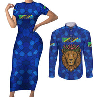 Tanzania Simba Lion Couples Matching Short Sleeve Bodycon Dress and Long Sleeve Button Shirt with Floral Crown and Blue Mosaic Design