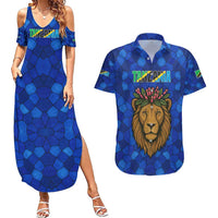 Tanzania Simba Lion Couples Matching Summer Maxi Dress and Hawaiian Shirt with Floral Crown and Blue Mosaic Design