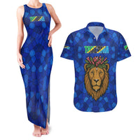 Tanzania Simba Lion Couples Matching Tank Maxi Dress and Hawaiian Shirt with Floral Crown and Blue Mosaic Design