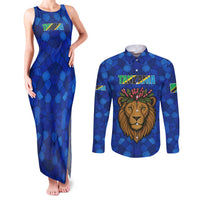 Tanzania Simba Lion Couples Matching Tank Maxi Dress and Long Sleeve Button Shirt with Floral Crown and Blue Mosaic Design