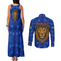Tanzania Simba Lion Couples Matching Tank Maxi Dress and Long Sleeve Button Shirt with Floral Crown and Blue Mosaic Design