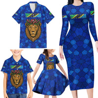 Tanzania Simba Lion Family Matching Long Sleeve Bodycon Dress and Hawaiian Shirt with Floral Crown and Blue Mosaic Design