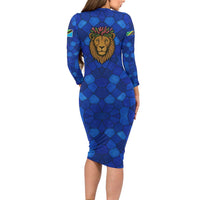 Tanzania Simba Lion Family Matching Long Sleeve Bodycon Dress and Hawaiian Shirt with Floral Crown and Blue Mosaic Design