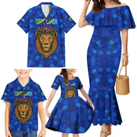 Tanzania Simba Lion Family Matching Mermaid Dress and Hawaiian Shirt with Floral Crown and Blue Mosaic Design