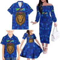 Tanzania Simba Lion Family Matching Off The Shoulder Long Sleeve Dress and Hawaiian Shirt with Floral Crown and Blue Mosaic Design