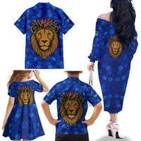 Tanzania Simba Lion Family Matching Off The Shoulder Long Sleeve Dress and Hawaiian Shirt with Floral Crown and Blue Mosaic Design