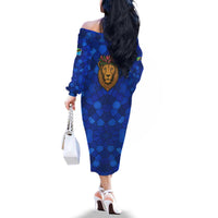 Tanzania Simba Lion Family Matching Off The Shoulder Long Sleeve Dress and Hawaiian Shirt with Floral Crown and Blue Mosaic Design