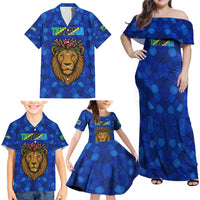 Tanzania Simba Lion Family Matching Off Shoulder Maxi Dress and Hawaiian Shirt with Floral Crown and Blue Mosaic Design