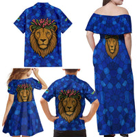 Tanzania Simba Lion Family Matching Off Shoulder Maxi Dress and Hawaiian Shirt with Floral Crown and Blue Mosaic Design