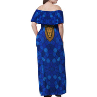 Tanzania Simba Lion Family Matching Off Shoulder Maxi Dress and Hawaiian Shirt with Floral Crown and Blue Mosaic Design