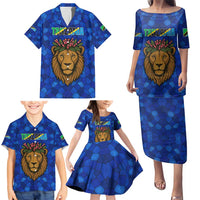 Tanzania Simba Lion Family Matching Puletasi and Hawaiian Shirt with Floral Crown and Blue Mosaic Design