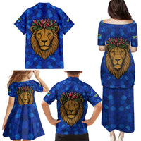 Tanzania Simba Lion Family Matching Puletasi and Hawaiian Shirt with Floral Crown and Blue Mosaic Design