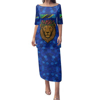 Tanzania Simba Lion Family Matching Puletasi and Hawaiian Shirt with Floral Crown and Blue Mosaic Design