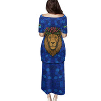 Tanzania Simba Lion Family Matching Puletasi and Hawaiian Shirt with Floral Crown and Blue Mosaic Design