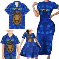 Tanzania Simba Lion Family Matching Short Sleeve Bodycon Dress and Hawaiian Shirt with Floral Crown and Blue Mosaic Design