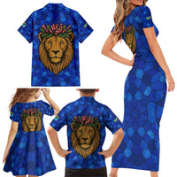Tanzania Simba Lion Family Matching Short Sleeve Bodycon Dress and Hawaiian Shirt with Floral Crown and Blue Mosaic Design