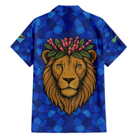 Tanzania Simba Lion Family Matching Short Sleeve Bodycon Dress and Hawaiian Shirt with Floral Crown and Blue Mosaic Design