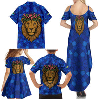 Tanzania Simba Lion Family Matching Summer Maxi Dress and Hawaiian Shirt with Floral Crown and Blue Mosaic Design