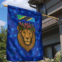 Tanzania Simba Lion Garden Flag with Floral Crown and Blue Mosaic Design