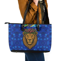 Tanzania Simba Lion Leather Tote Bag with Floral Crown and Blue Mosaic Design