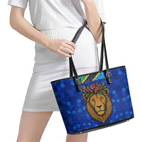 Tanzania Simba Lion Leather Tote Bag with Floral Crown and Blue Mosaic Design