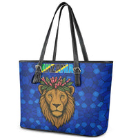 Tanzania Simba Lion Leather Tote Bag with Floral Crown and Blue Mosaic Design