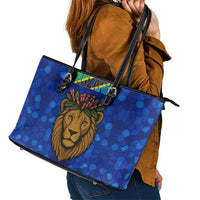 Tanzania Simba Lion Leather Tote Bag with Floral Crown and Blue Mosaic Design