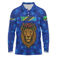 Tanzania Simba Lion Long Sleeve Polo Shirt with Floral Crown and Blue Mosaic Design