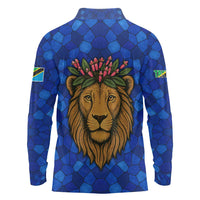 Tanzania Simba Lion Long Sleeve Polo Shirt with Floral Crown and Blue Mosaic Design