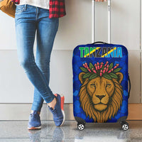 Tanzania Simba Lion Luggage Cover with Floral Crown and Blue Mosaic Design