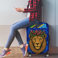 Tanzania Simba Lion Luggage Cover with Floral Crown and Blue Mosaic Design