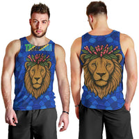 Tanzania Simba Lion Men Tank Top with Floral Crown and Blue Mosaic Design