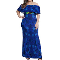 Tanzania Simba Lion Off Shoulder Maxi Dress with Floral Crown and Blue Mosaic Design