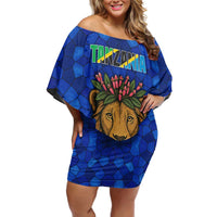Tanzania Simba Lion Off Shoulder Short Dress with Floral Crown and Blue Mosaic Design