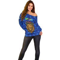 Tanzania Simba Lion Off Shoulder Sweater with Floral Crown and Blue Mosaic Design