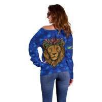 Tanzania Simba Lion Off Shoulder Sweater with Floral Crown and Blue Mosaic Design