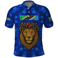 Tanzania Simba Lion Polo Shirt with Floral Crown and Blue Mosaic Design