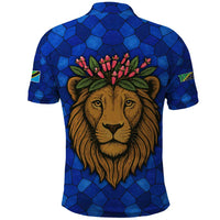 Tanzania Simba Lion Polo Shirt with Floral Crown and Blue Mosaic Design