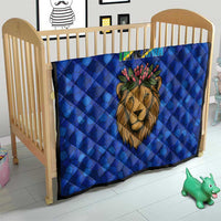 Tanzania Simba Lion Quilt with Floral Crown and Blue Mosaic Design