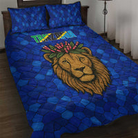 Tanzania Simba Lion Quilt Bed Set with Floral Crown and Blue Mosaic Design