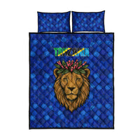 Tanzania Simba Lion Quilt Bed Set with Floral Crown and Blue Mosaic Design