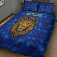 Tanzania Simba Lion Quilt Bed Set with Floral Crown and Blue Mosaic Design