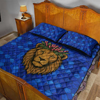 Tanzania Simba Lion Quilt Bed Set with Floral Crown and Blue Mosaic Design