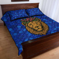 Tanzania Simba Lion Quilt Bed Set with Floral Crown and Blue Mosaic Design
