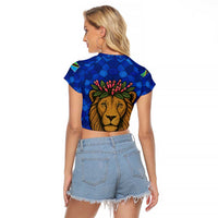 Tanzania Simba Lion Raglan Cropped T Shirt with Floral Crown and Blue Mosaic Design