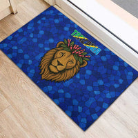 Tanzania Simba Lion Rubber Doormat with Floral Crown and Blue Mosaic Design