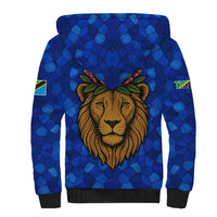 Tanzania Simba Lion Sherpa Hoodie with Floral Crown and Blue Mosaic Design