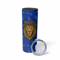 Tanzania Simba Lion Skinny Tumbler with Floral Crown and Blue Mosaic Design