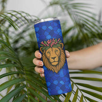 Tanzania Simba Lion Skinny Tumbler with Floral Crown and Blue Mosaic Design