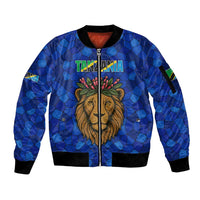 Tanzania Simba Lion Sleeve Zip Bomber Jacket with Floral Crown and Blue Mosaic Design